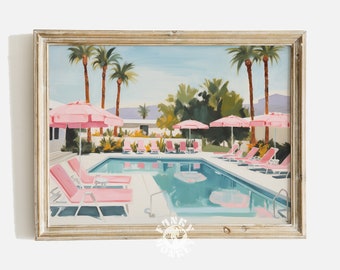 Retro Palm Springs Pool Print, Swimming Pool Art, Mid Century Modern Aesthetic Painting Pink Preppy Beach Wall Art Retro Motel Digital Print