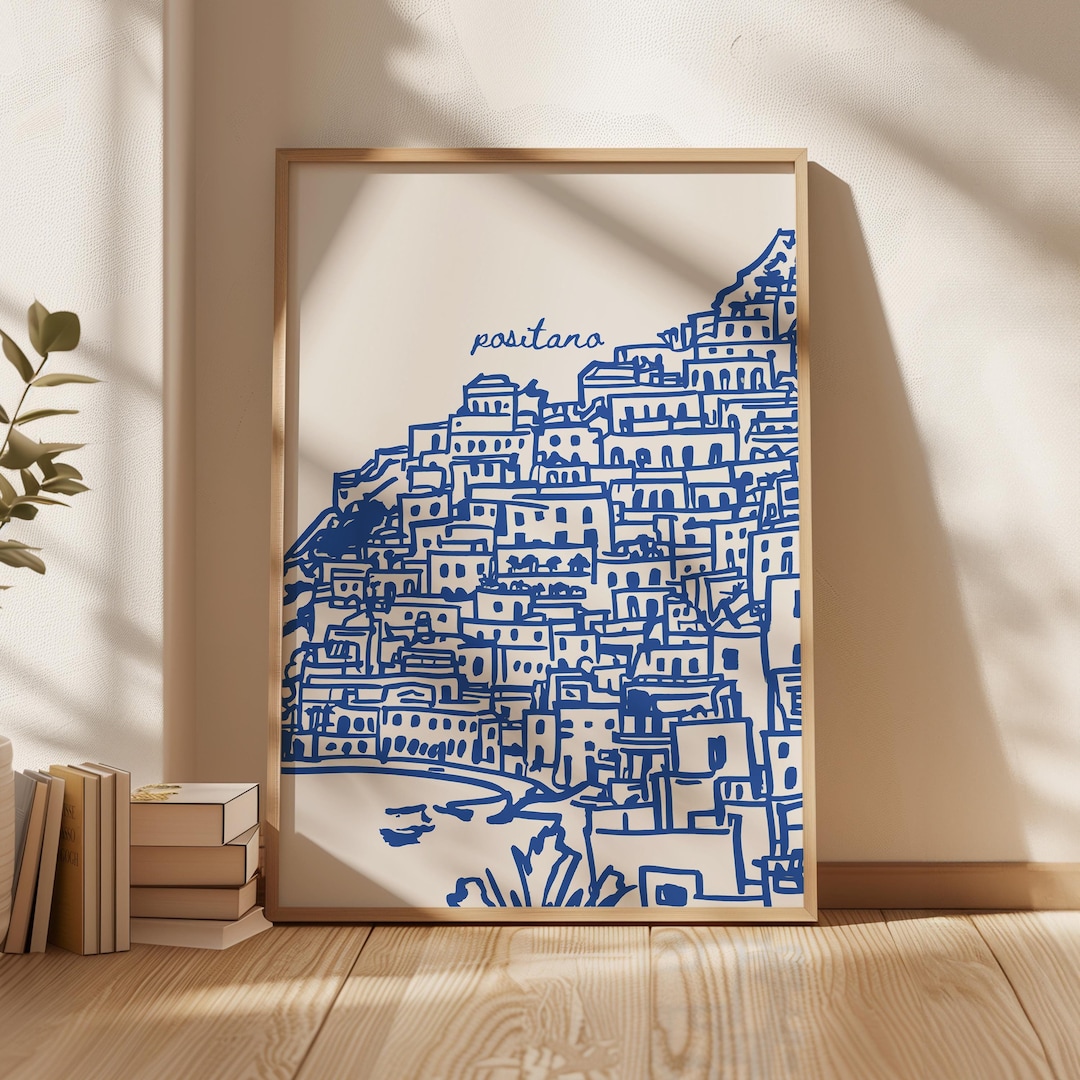 Positano Amalfi Travel Poster, Retro Italy Print, Navy Blue Trendy Wall ...
