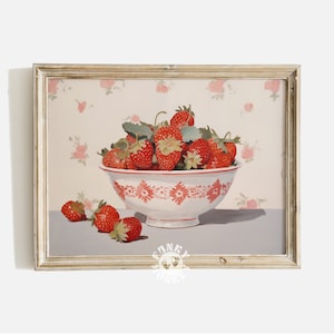 Strawberries in a Bowl Wall Art Print, Kitchen Decor, Summer Retro Kitchen Painting, Grandmillenial Coquette Aesthetic Digital Print