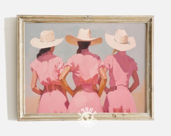 Retro Western Cowgirl-tryck, rosa flickaktigt digital konst, utskrivbar cowgirl-målning, preppy trendig cowgirl-estetik, inredning i studentrum