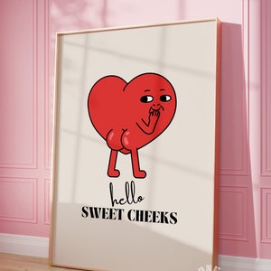 Cute Retro Bathroom Wall Art, Hello Sweet Cheeks Art Print, Funny Bathroom Printable, Red Heart Trendy Wall Art, Apartment Aesthetic Digital