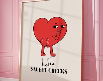 Cute Retro Bathroom Wall Art, Hello Sweet Cheeks Art Print, Funny Bathroom Printable, Red Heart Trendy Wall Art, Apartment Aesthetic Digital