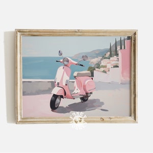 Retro Pink Preppy Italian Coast Landscape Print, Vespa Poster, Pastel Amalfi Coast Painting, Italy Travel Poster Trendy Pink Girly Aesthetic