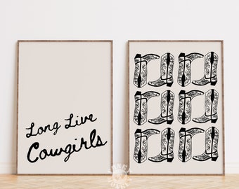 Cowgirl Western Print Set, Long Live Cowgirls Printable Wall Art, Retro Western Printable Art, Cowboy Boots, Dorm Room Decor, Digital Print