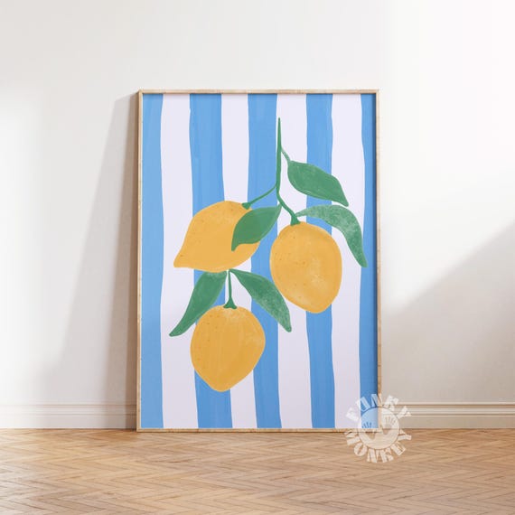 Lemon Wall Art, Preppy Italian Summer Fruit Print, Trendy Kitchen Print, Retro Food Digital Print, Modern Kitchen Aesthetic