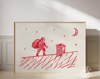 Santa Print, Santa Claus on Rood Hand Drawn Print, Christmas Printable, Horizontal Wall Art, Trendy Holiday Print, Preppy Christmas Poster