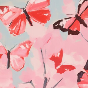 Op de afbeelding: Abstracte schildering van roze en rode vlinders op een lichtblauwe en roze achtergrond.