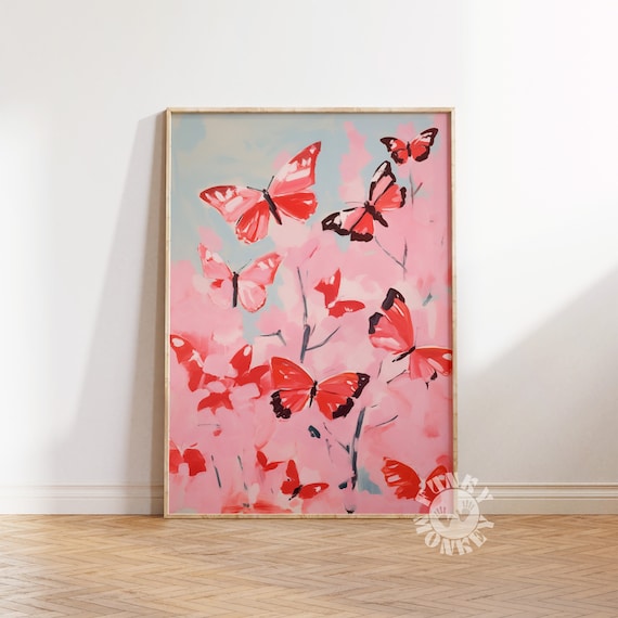 Butterfly Art Print, Pink Girly Digital Print, Girl's Nursery Room Painting, Coquette Aesthetic, Preppy Trendy Wall Art, Dorm Room Decor