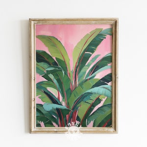 Stampa foglie tropicali, pittura botanica estiva rosa, arte stampabile preppy alla moda, arredamento massimalista, poster estivo, estetica dell&#39;appartamento