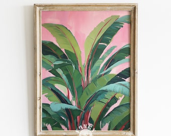 Tropical Leaves Print, Pink Summer Botanical Painting, Trendy Preppy Printable Art, Maximalist Decor, Summer Poster, Apartment Aesthetic