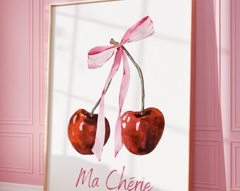 Cherry Digital Print, Ma Cherie Pink Bow Printable Feminine Poster, Coquette Room Decor, Soft Girl Bedroom Decor, Preppy Apartment Aesthetic