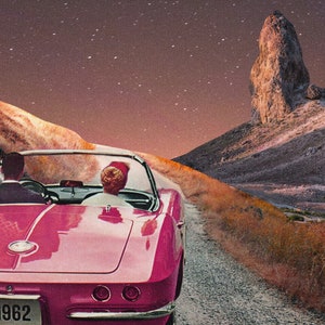 Retrokollagetryck, surrealistiskt konsttryck, discokula med måne i öknen, funky väggkonst, surrealism, trendig väggkonst, digitala tryck bild 5