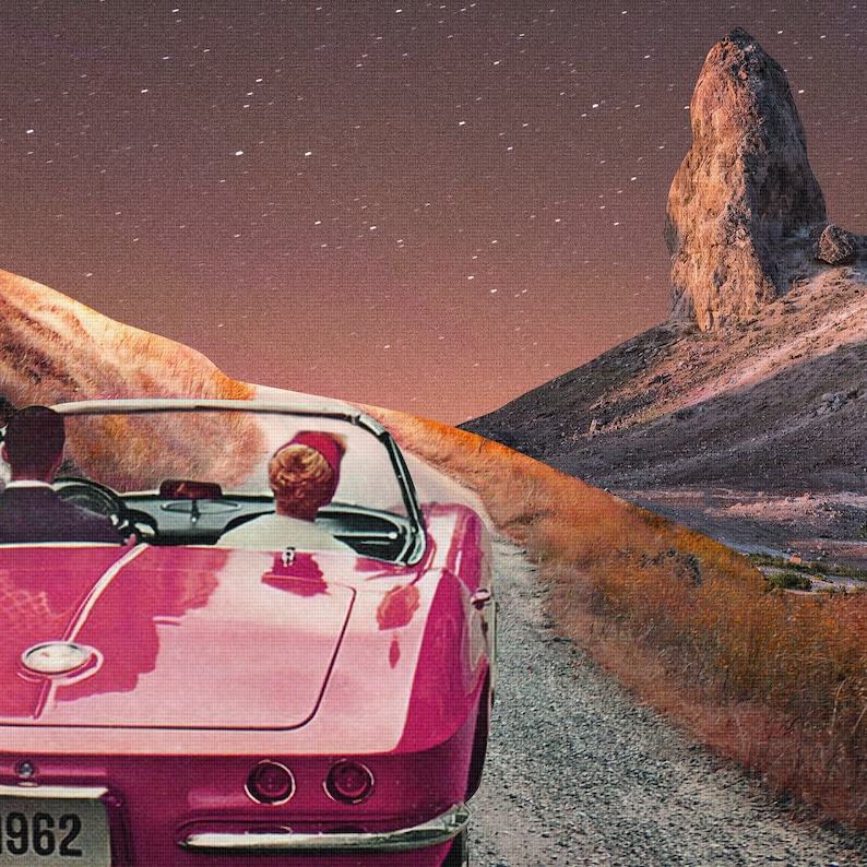 Retrokollagetryck, surrealistiskt konsttryck, discokula med måne i öknen, funky väggkonst, surrealism, trendig väggkonst, digitala tryck bild 5