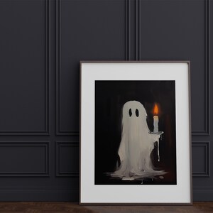 May include: A white ghost with two eyes and a dripping candle in its hand, painted in a dark background.