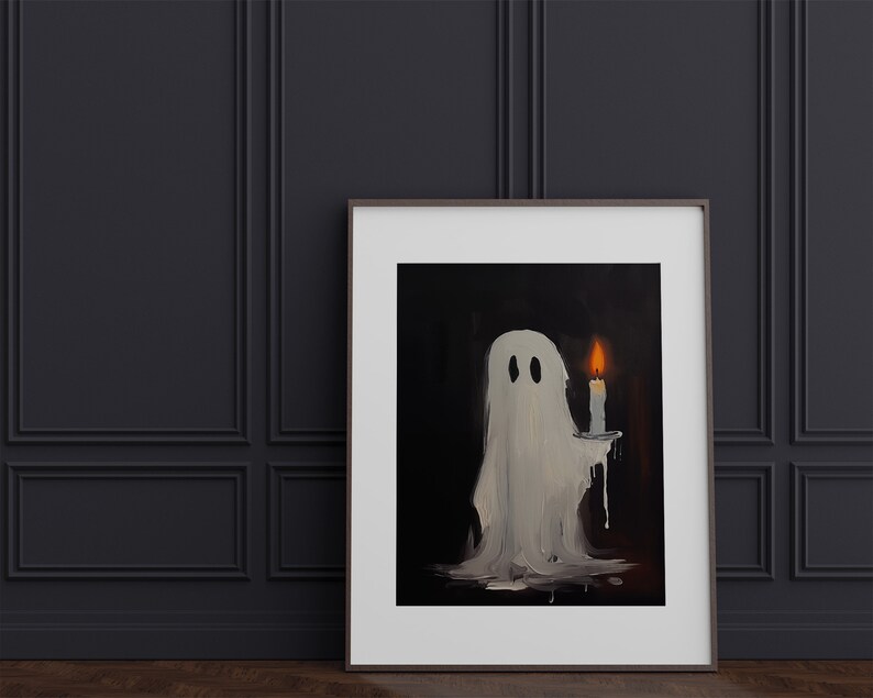 May include: A white ghost with two eyes and a dripping candle in its hand, painted in a dark background.