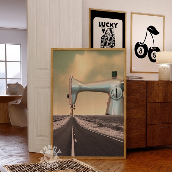 Retro Collage Print, Surreal Art Print, Vintage Sewing Machine on Road, Funky Wall Art, Surrealism, Trendy Wall Art, Digital Prints
