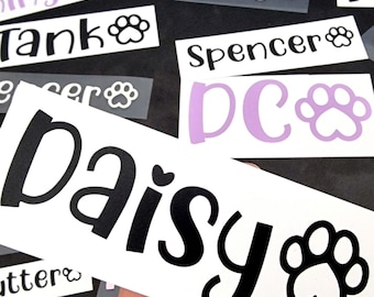 Custom Pet Dog - Cat Name with Paw Label for Bowls, Crate, Car Window - Premium Vinyl Stickers - Matte, Holographic, Glossy - Font Choices