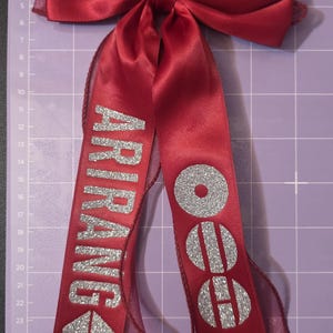 May include: A deep red satin hair bow featuring two long, dangling ribbons. The left ribbon displays the silver glitter text ARIRANG, and the right ribbon features a silver glitter BTS logo. The bow is layered with a sheer, dark red organza fabric.