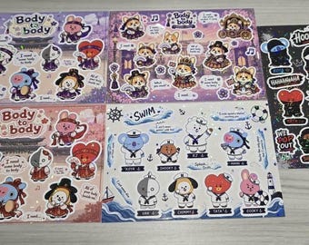 Holographic Vinyl Sticker Sheet – BT21 Arirang Songs Inspired Fan Art A5 Waterproof Stickers for Journals, Crafts & Personalization