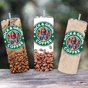 20oz coffee hot cold tumbler with an AI generated image of Rock & Grohl Coffee, travel mug.