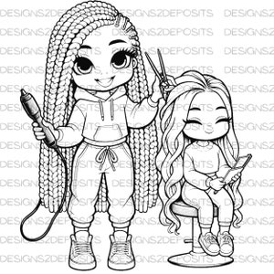 May include: A black and white line drawing of two people. One person is standing and holding a hair styling tool. The other person is sitting in a chair and holding a book. Both people have long hair.