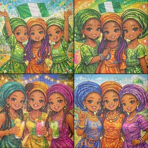 May include: A vibrant illustration featuring four panels, each showcasing three smiling women. They wear colorful head wraps and dresses in shades of green, orange, blue, and pink. Some panels include the Nigerian flag and drinks. The artwork has a cheerful, celebratory theme.
