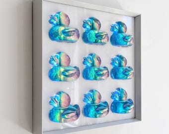 Holographic Duck Wall Art: Iridescent Resin Pop Art in Metal Frame