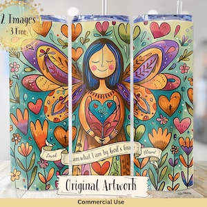 May include: A colorful illustration of an angel with wings, holding a heart with a flower inside. The angel is surrounded by flowers and hearts. The text "am what I am by God's grace" is written on the bottom of the image. The text "Loved" and "Blessed" are written on the sides of the image.