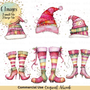 May include: Watercolor illustrations of whimsical Christmas hats and boots. The hats are red, pink, and green with white fur trim. The boots are pink, green, and striped with high heels and bows. The image includes the text "6 Images" and "Commercial Use - Original Artwork."