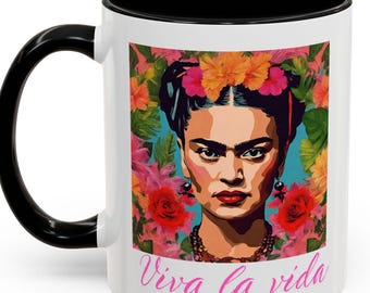 Frida Kahlo Portrait Coffee Mug, Vibrant Mexican Folk Art Ceramic Cup, Unique Artist Gift,Floral Woman Portrait Mug, Empowering Gift for Her