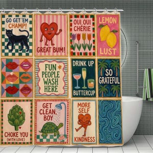 May include: A shower curtain featuring a grid of twelve colourful rectangular panels with various illustrations and text, including a black cat, a heart, tulips, lemons, lips, drinks, palm trees, an artichoke, a turtle, and motivational phrases.