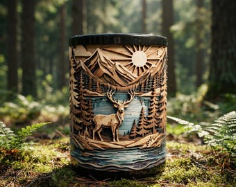 Wood Carved Mountain Deer Scene Mug , Black Ceramic Coffee Cup,Carved Wood Style Ceramic Coffee Cup Nature Lover Gift