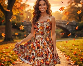 Skaterkleid mit Ahornblattmuster im Herbststil | Kleid mit Herbstlaubmuster, Herbstkleid für Damen, Geschenkidee für Thanksgiving