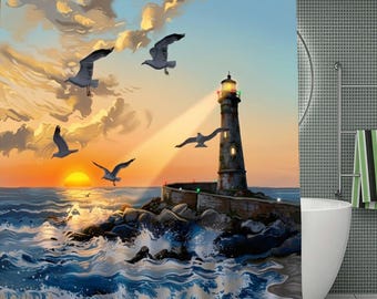 Lighthouse Beach Shower Curtain, Coastal Nautical Bathroom Decor, Seaside Bath Curtain