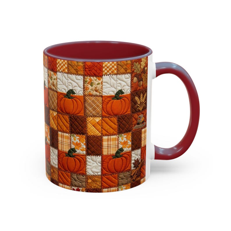 Pumpkin Patch Patchwork Mug, Accent Coffee Mug, Autumn Pumpkin Mug: Rustic Faux Patchwork Thanksgiving Coffee Cup afbeelding 18