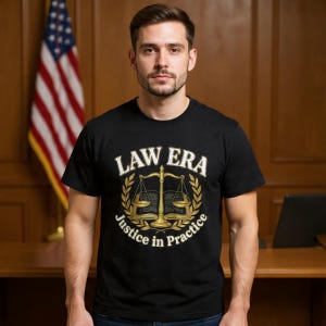Law Era scales logo T-Shirt | Justice in Practice, legal emblem shirt, justice staff shirt,Future Lawyer Gift