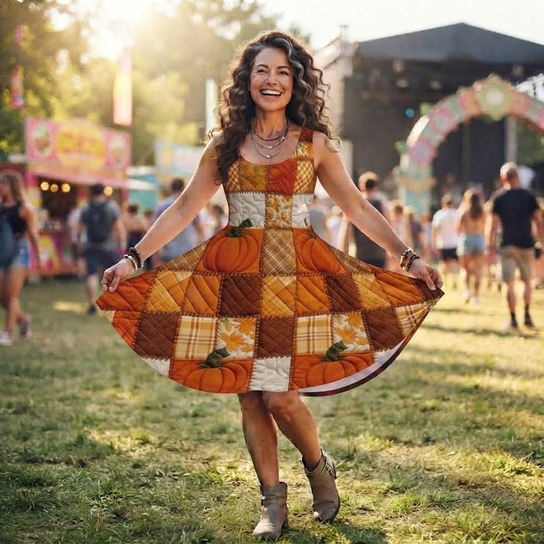 May include: A sleeveless quilted dress featuring a patchwork pattern of orange pumpkins, autumn leaves, and plaid squares in shades of brown, yellow, and cream. The dress has a scoop neckline and a flared skirt that reaches above the knees.