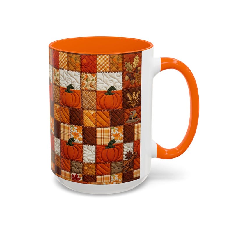 Pumpkin Patch Patchwork Mug, Accent Coffee Mug, Autumn Pumpkin Mug: Rustic Faux Patchwork Thanksgiving Coffee Cup afbeelding 14