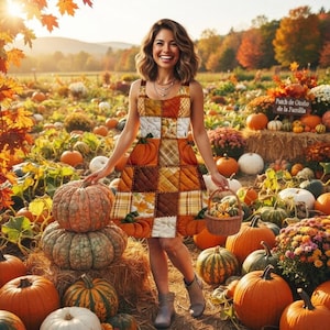 May include: A sleeveless dress featuring a quilted patchwork design with autumn-themed patterns in shades of orange, brown, and cream. The dress has a fitted bodice and a flared skirt, showcasing various pumpkin motifs and plaid textures throughout.