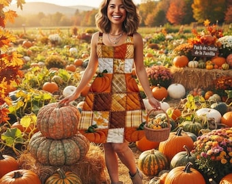 Kleid mit Racerback-Rücken und Kürbismuster im Patchwork-Stil, herbstliches Karomuster, Patchwork-Herbstkleid, lässiges Herbstkleid