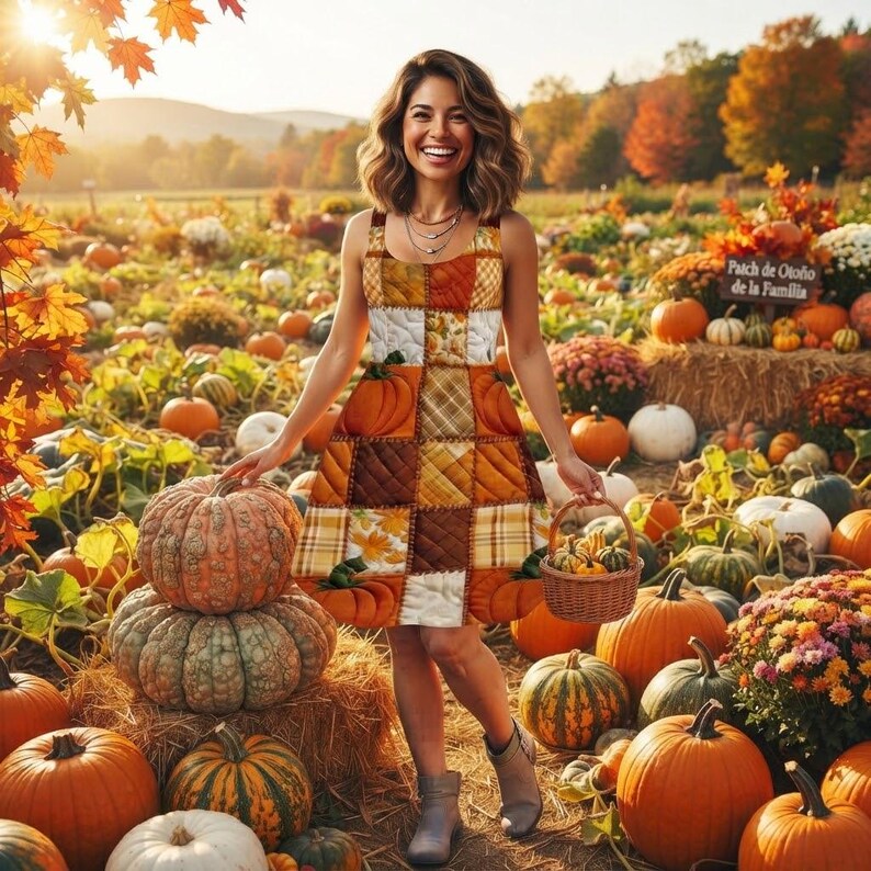 May include: A sleeveless dress featuring a quilted patchwork design with autumn-themed patterns in shades of orange, brown, and cream. The dress has a fitted bodice and a flared skirt, showcasing various pumpkin motifs and plaid textures throughout.