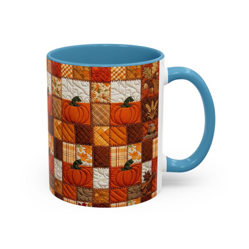 Pumpkin Patch Patchwork Mug, Accent Coffee Mug, Autumn Pumpkin Mug: Rustic Faux Patchwork Thanksgiving Coffee Cup afbeelding 11
