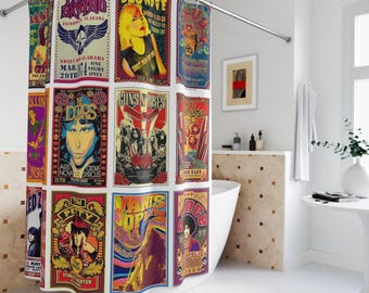 Vintage Rock Poster Retro Band Collage Shower Curtain | Psychedelic Rock and Roll Wall Art