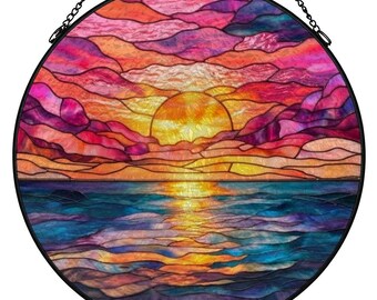 Stained Glass Suncatcher Window Hanging , Ocean Sunset Stained Glass Style Window Hanging