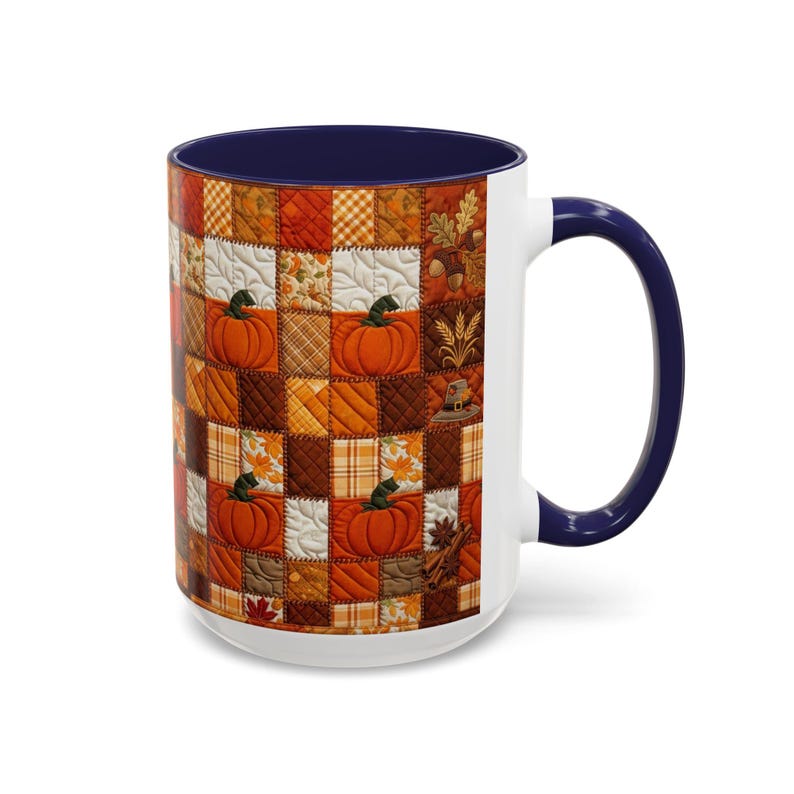 Pumpkin Patch Patchwork Mug, Accent Coffee Mug, Autumn Pumpkin Mug: Rustic Faux Patchwork Thanksgiving Coffee Cup afbeelding 9