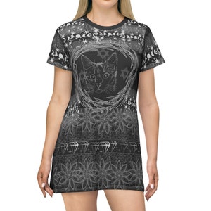 Black Cat DressT-Shirt Dress,creepy cat dress,Cute Cat Dress,Unique Cat Print Dress,gothic cat dress,Whimsical Cat Fashion
