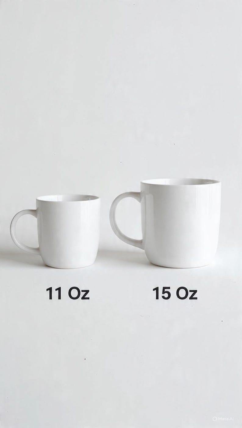Op de afbeelding: Twee effen witte keramische mokken met oren. De kleinere mok links is gelabeld met 11 Oz, en de grotere mok rechts is gelabeld met 15 Oz. Beide mokken hebben een gladde, glanzende afwerking en een eenvoudig, afgerond ontwerp voor warme dranken.