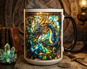 Stained Glass Dragon Mug,Accent Coffee Mu, Dragon Stained Glass Art Coffee Mug, Fantasy Bookish Cup