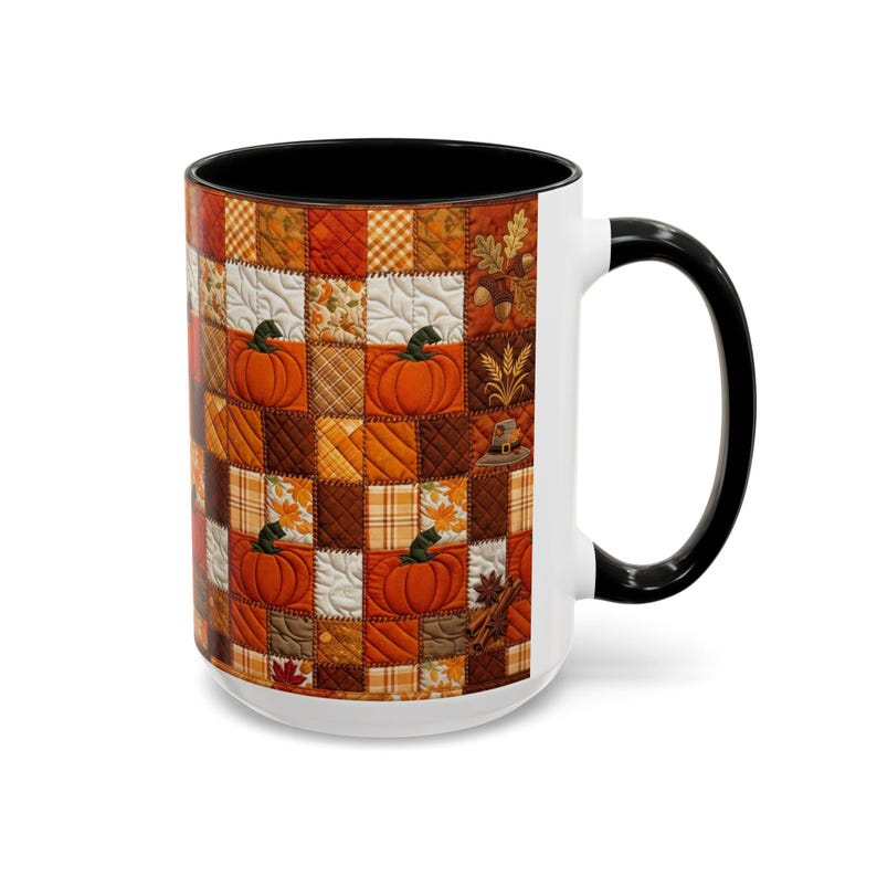 Pumpkin Patch Patchwork Mug, Accent Coffee Mug, Autumn Pumpkin Mug: Rustic Faux Patchwork Thanksgiving Coffee Cup afbeelding 8
