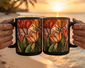 Stained Glass Tulips Mug | Black Ceramic Coffee Cup,Elegant Tulips Stained Glass Mug, Jewelry-Style Floral Art, Tulip Art Print